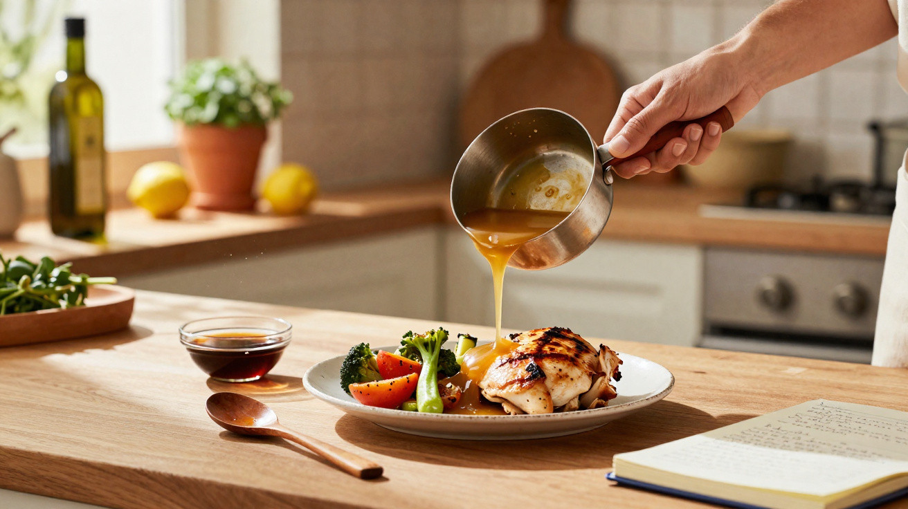 Pessoa a deitar molho sobre prato com frango grelhado e legumes numa cozinha moderna.