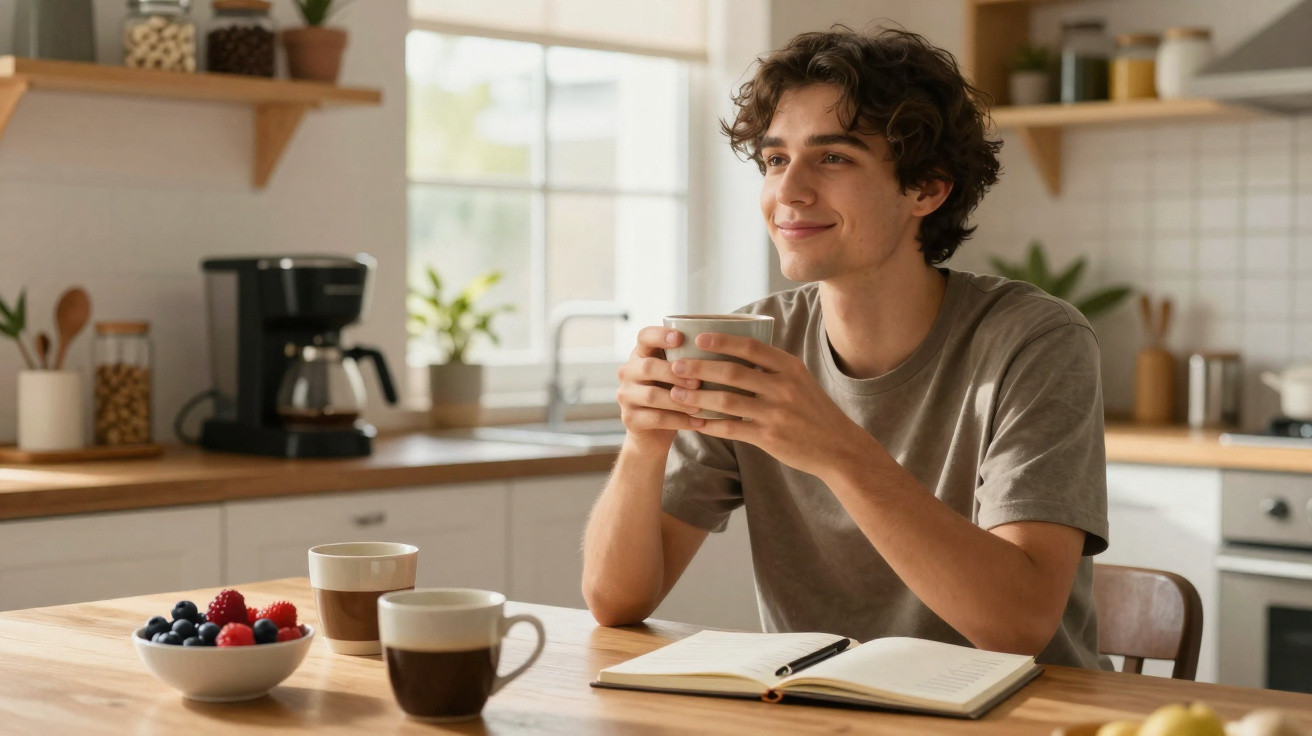 Jovem sentado à mesa na cozinha a beber uma bebida quente, com caderno aberto e taça de frutos vermelhos.