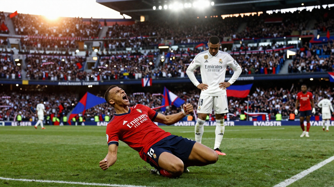 Jogador do Lille a celebrar golo com desespero, enquanto jogador do Real Madrid está desapontado no estádio cheio.