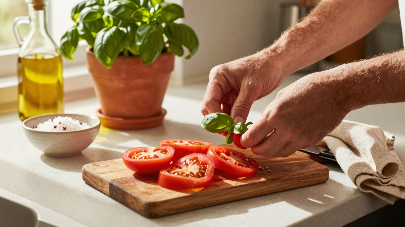 Mãos a colocar folhas de manjericão em fatias de tomate numa tábua de madeira, com azeite e sal ao lado.