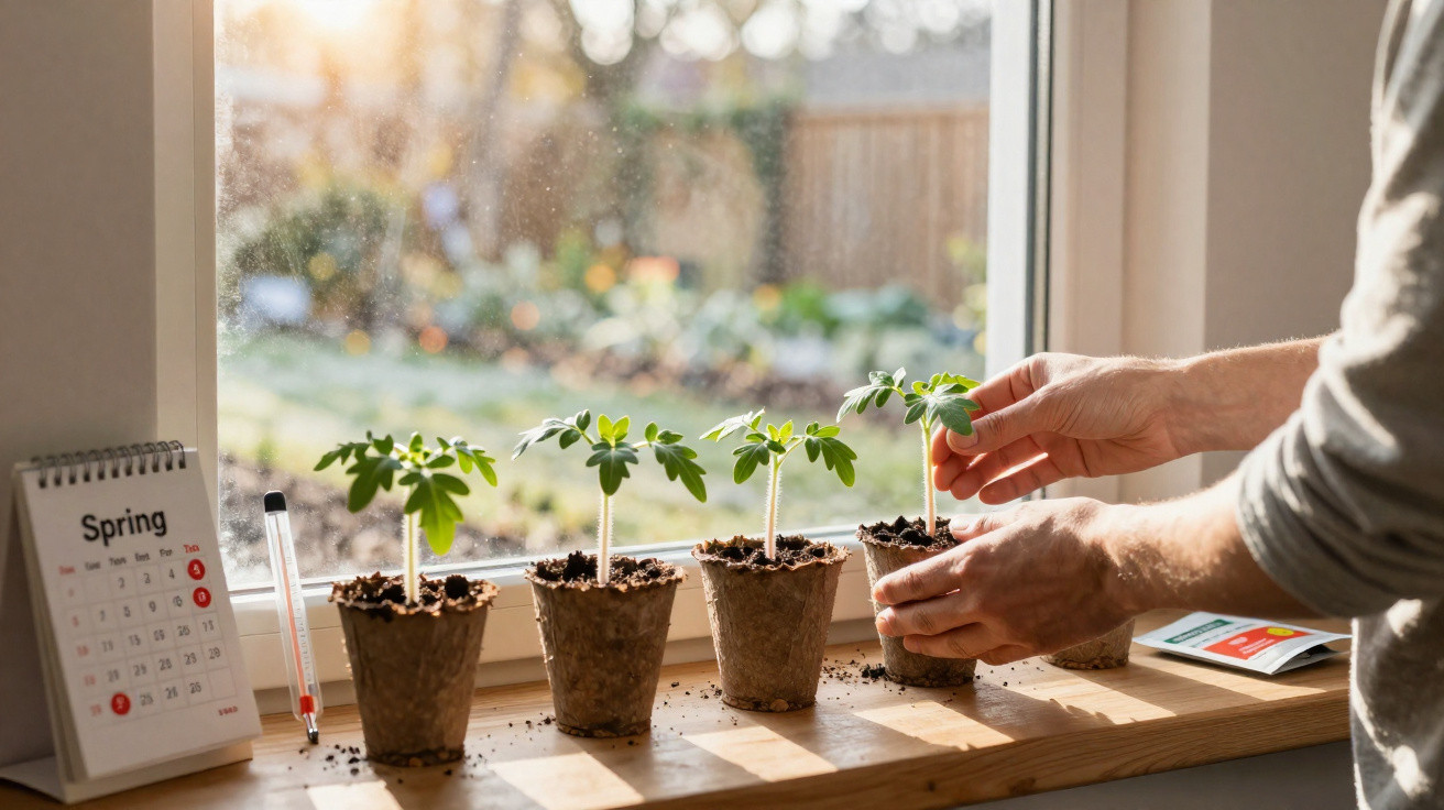 Mãos cuidam de quatro pequenos vasos com plantas na janela, ao lado de calendário e termómetro.