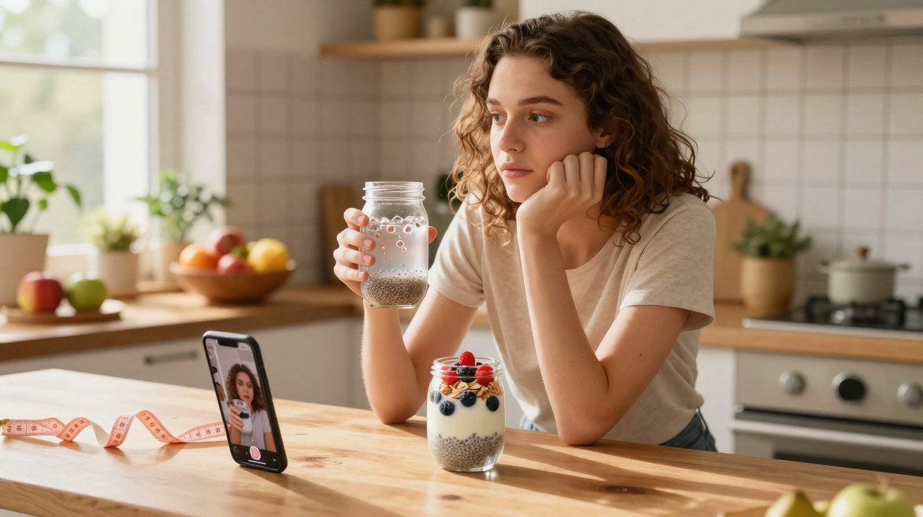 Jovem sentada na cozinha a beber água com chia, à frente tem uma taça de iogurte com frutas e fita métrica.