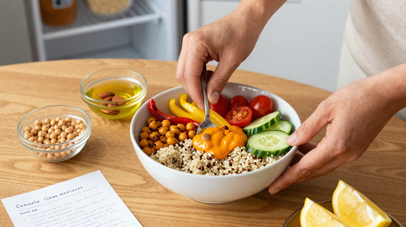 Pessoa a colocar molho numa tigela com quinoa, grão, legumes e legumes cortados numa mesa de madeira.