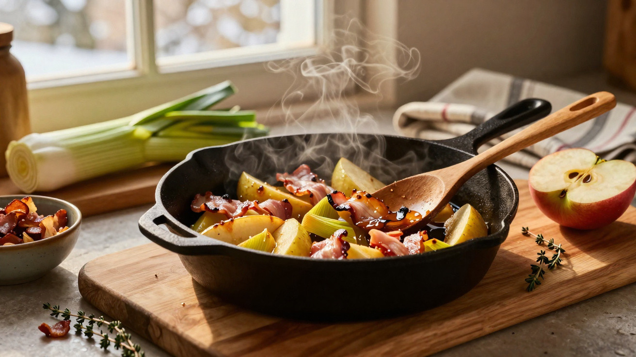 Frigideira com maçãs, bacon, alho-francês e ervas aromáticas a cozinhar numa cozinha iluminada pela luz natural.