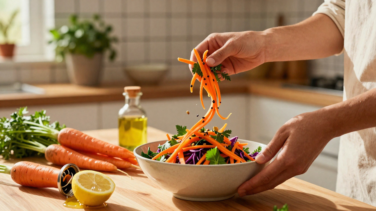 Pessoa a preparar salada com cenoura, salsa e legumes frescos em cozinha iluminada.