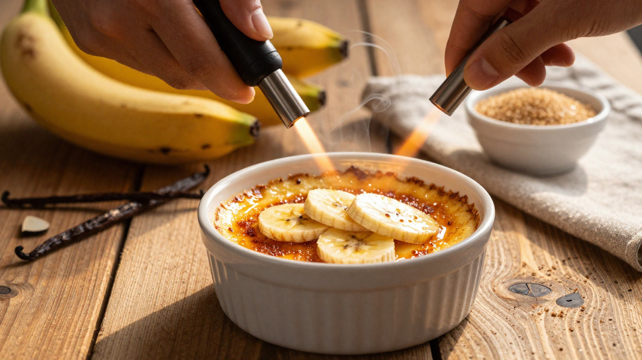 Creme brûlé com fatias de banana a ser caramelizado com maçaricos numa mesa de madeira.