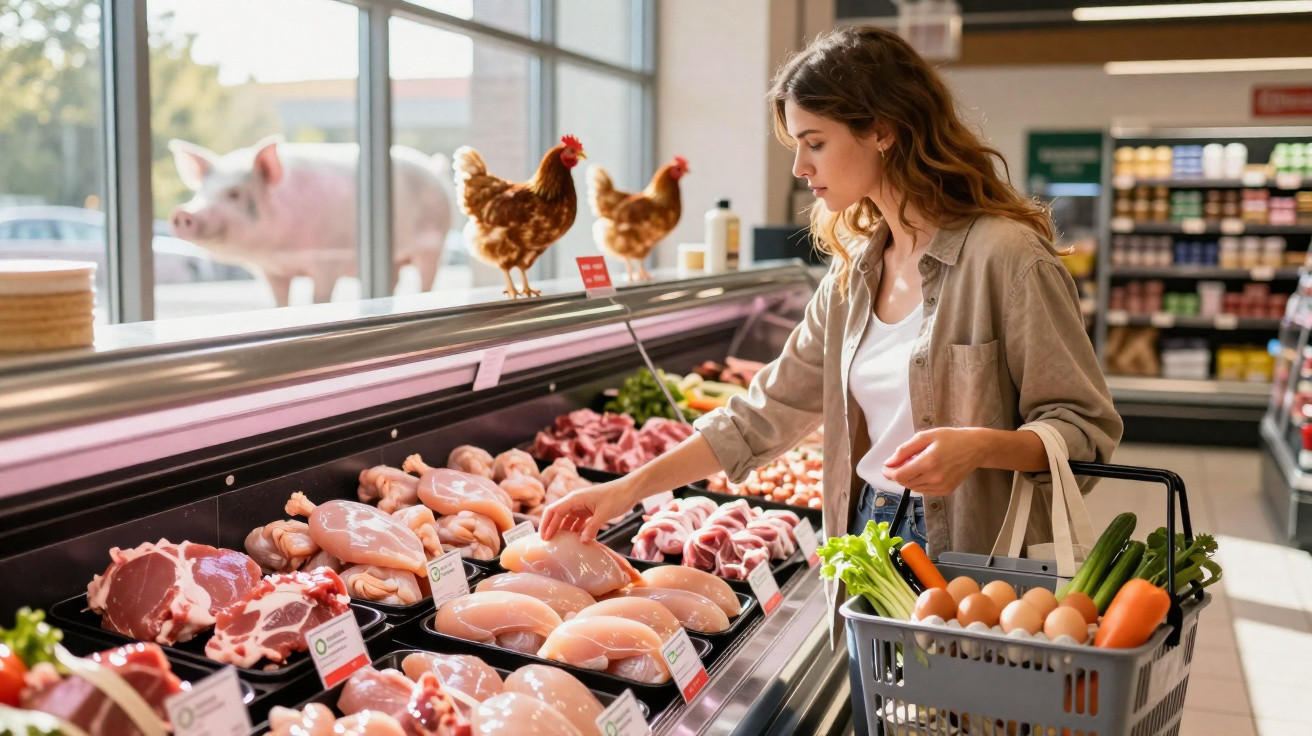 Mulher com carrinho a escolher carne fresca num supermercado, com galinhas e porco ao fundo.