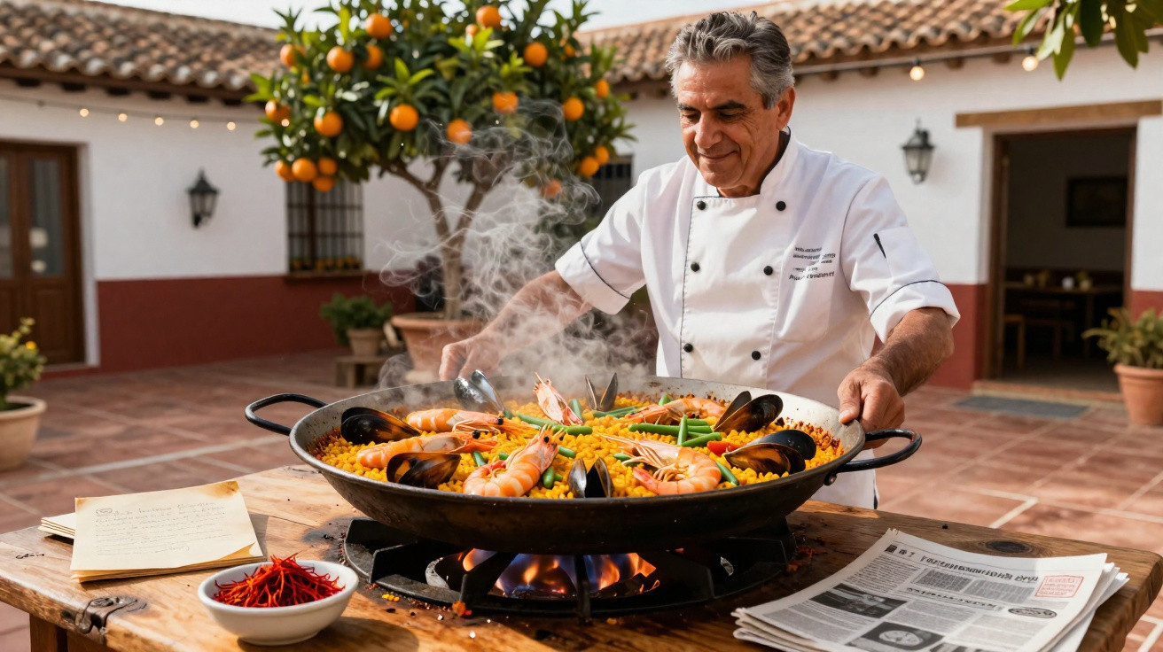 Chefe a preparar paelha de frutos do mar num terraço com uma árvore de laranja ao fundo.
