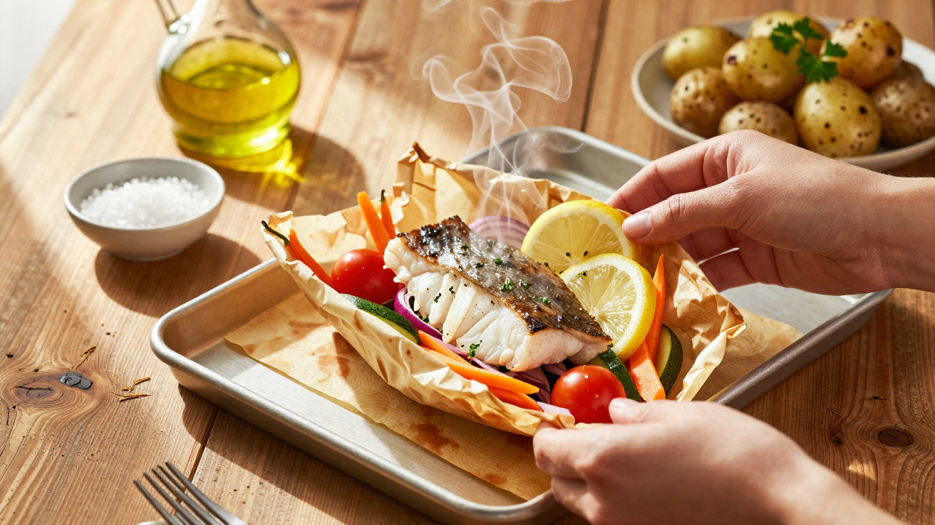 Prato com peixe grelhado fumegante, legumes frescos e fatias de limão, ao lado de batatas e azeite.