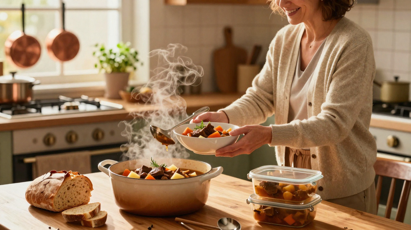 Pessoa a servir sopa quente num prato num ambiente de cozinha acolhedora com pão e recipientes de vidro na mesa.