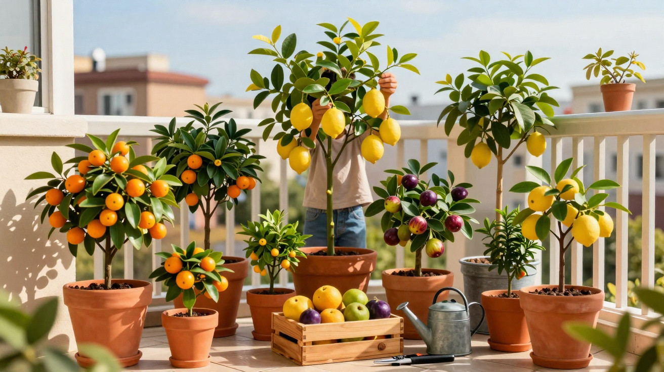 Varanda com várias plantas em vasos, incluindo limoeiros e laranjeiras, e uma caixa de frutas.
