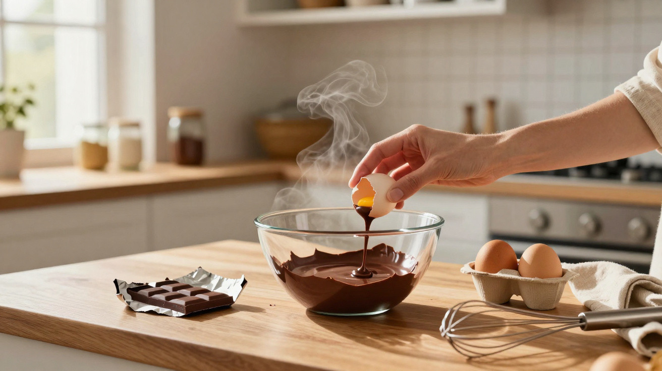 Mão a despejar gema de ovo numa taça com chocolate derretido numa cozinha moderna.
