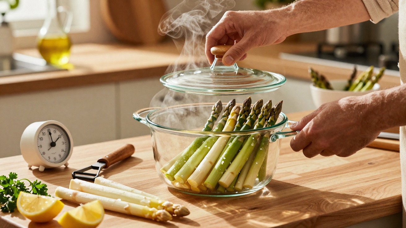 Mãos a levantar tampa de panela com espargos frescos a vapor numa cozinha iluminada.
