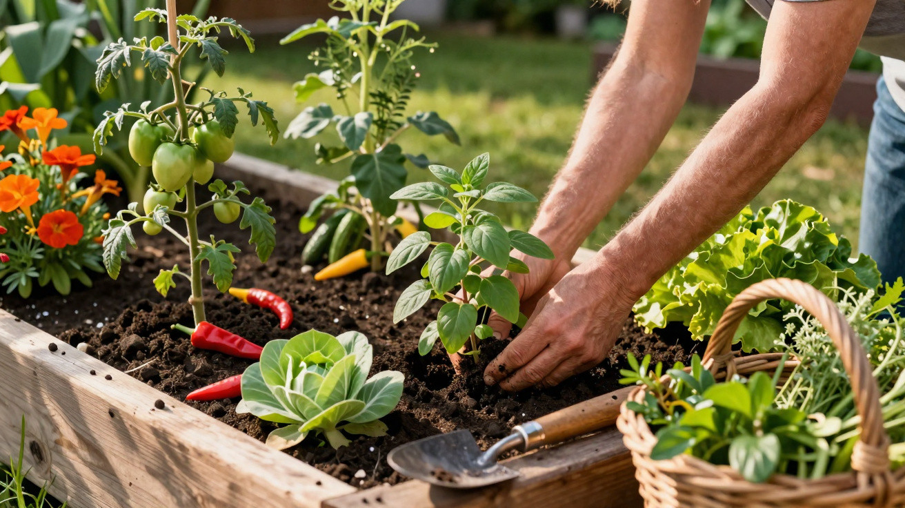 Pessoa a plantar ervas aromáticas numa horta em canteiro de madeira com legumes e hortaliças.