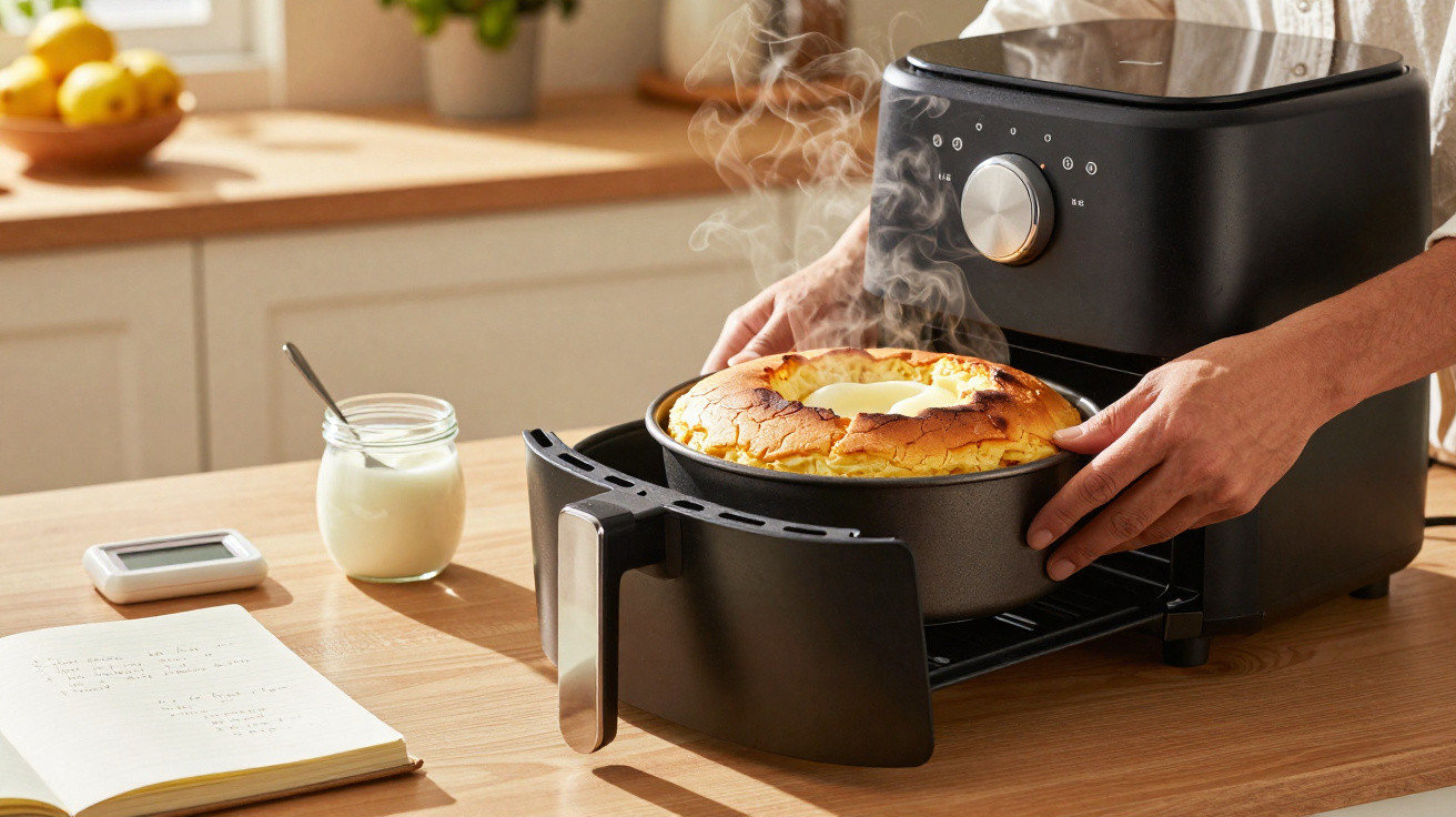 Pessoa a retirar bolo quente a fumegar de uma fritadeira elétrica numa cozinha moderna.