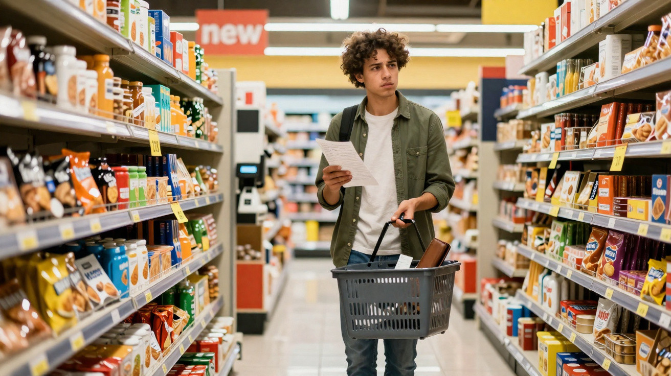 Jovem com lista de compras e cesto no supermercado entre prateleiras cheias de produtos variados.