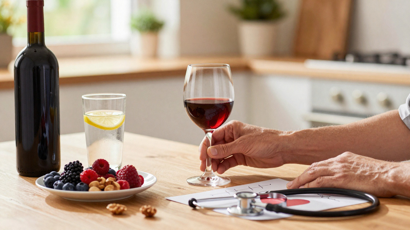 Mão segura copo de vinho tinto numa mesa com frutas, água com limão, garrafa e estetoscópio.