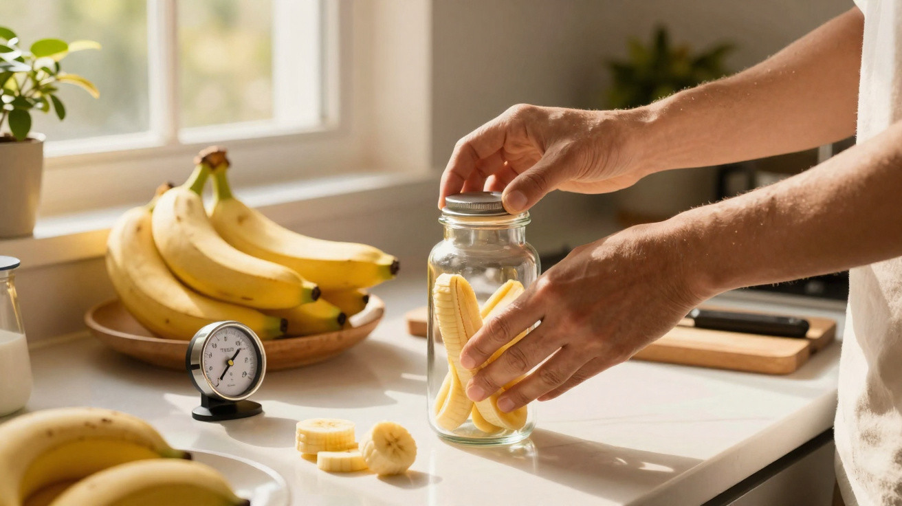 Mãos a colocar fatias de banana num frasco de vidro numa cozinha com luz natural.