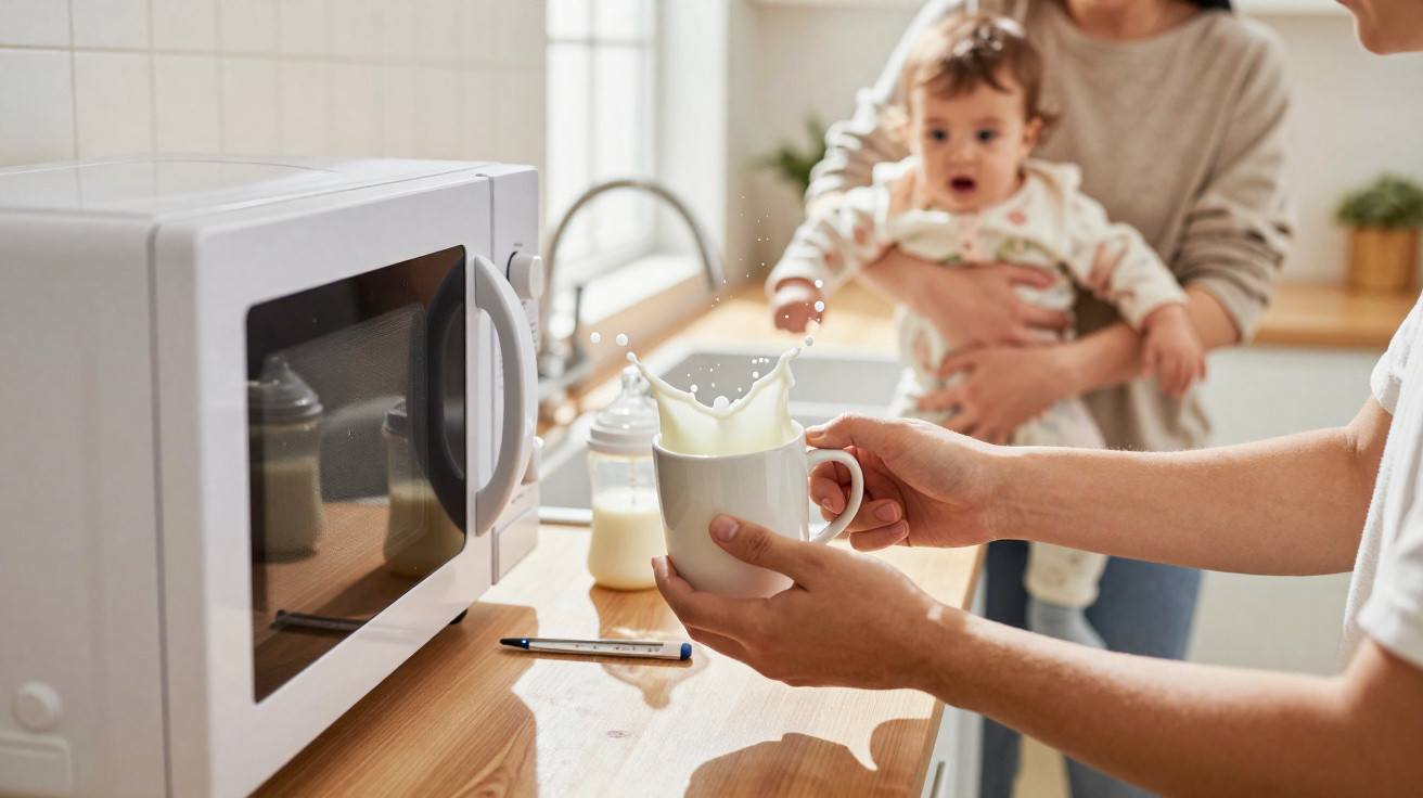 Pessoa a segurar uma chávena com leite a salpicar, com bebé e mãe ao fundo numa cozinha iluminada.