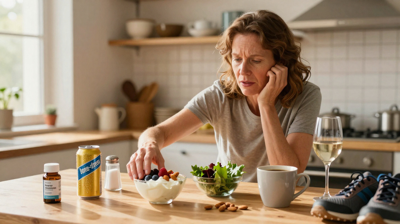 Mulher preocupada com alimentação saudável na cozinha com frutas, salada, suplementos e ténis.