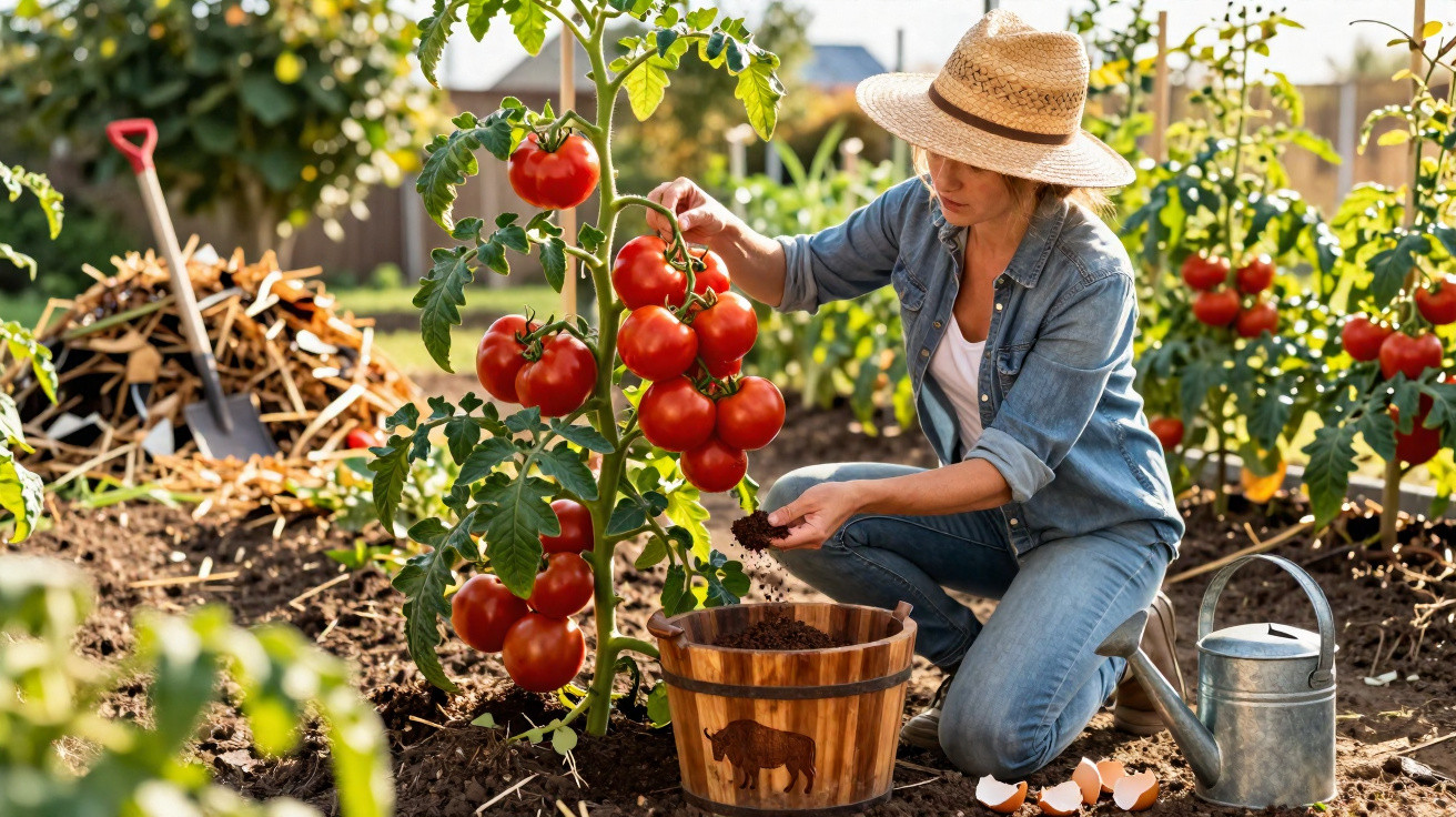 Mulher de chapéu a cuidar de tomates vermelhos num jardim com regador e balde de madeira.
