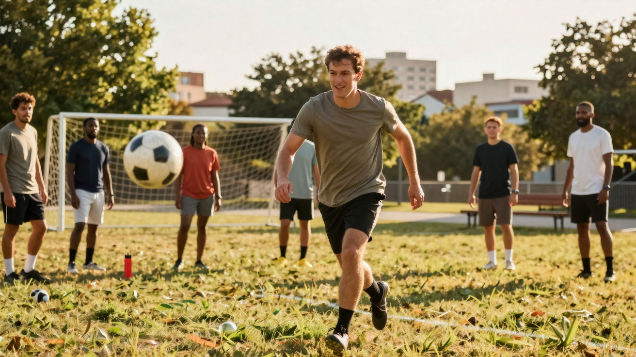 Grupo de jovens a jogar futebol num campo com relva e baliza ao fundo, ao pôr do sol.