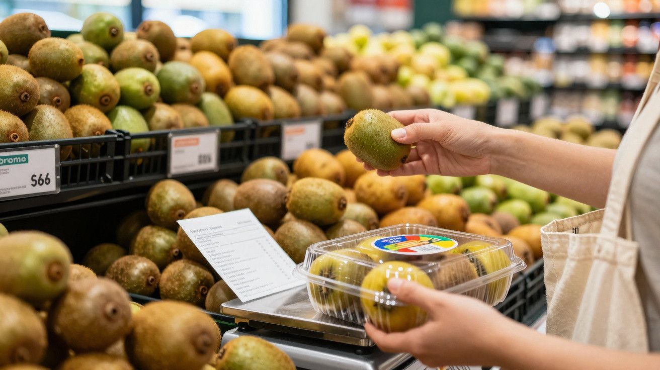 Pessoa segurando um kiwi e uma embalagem plástica com kiwis em prateleira de supermercado.