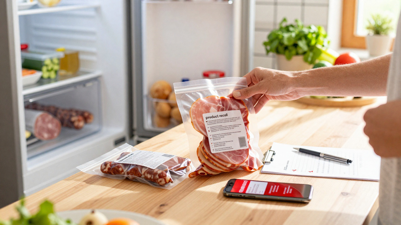 Pessoa a recolher embalagens de fiambre com aviso de recall numa cozinha junto a frigorífico aberto.