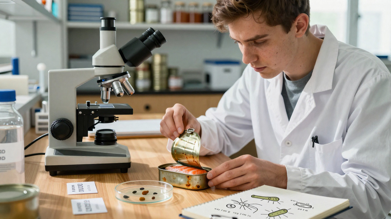 Jovem cientista em bata branca a abrir uma lata de conserva numa bancada de laboratório com microscópio e cadernos.