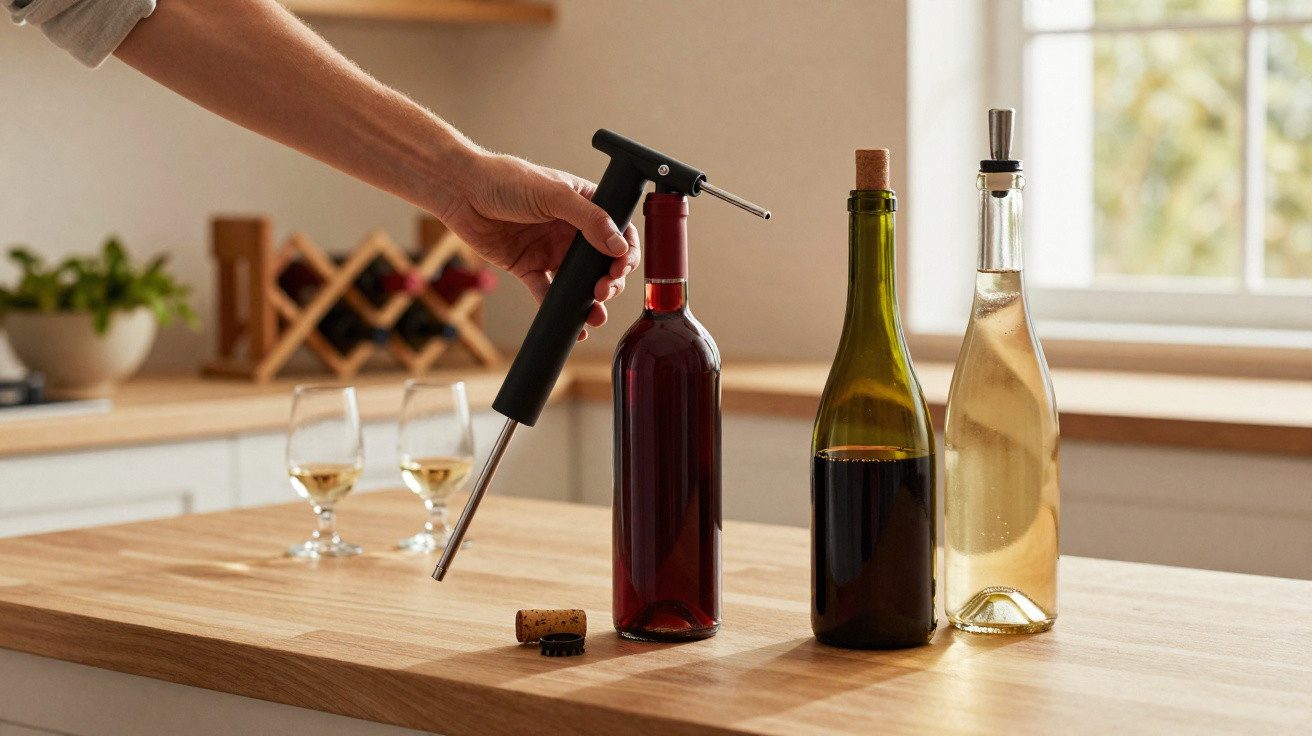 Pessoa a abrir garrafa de vinho tinto com saca-rolhas, garrafas de vinho e copos na cozinha.