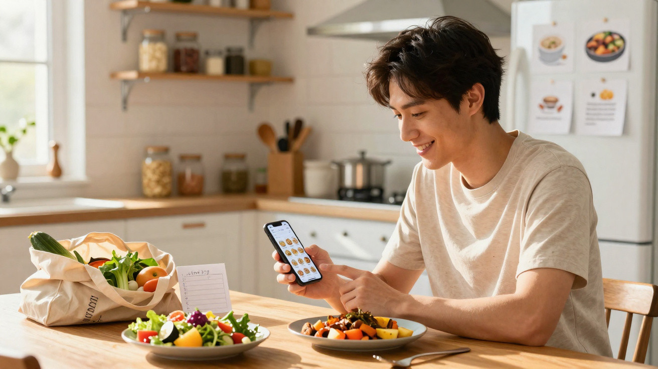 Homem sentado à mesa com pratos de comida saudável, consulta lista de receitas no telemóvel na cozinha iluminada.