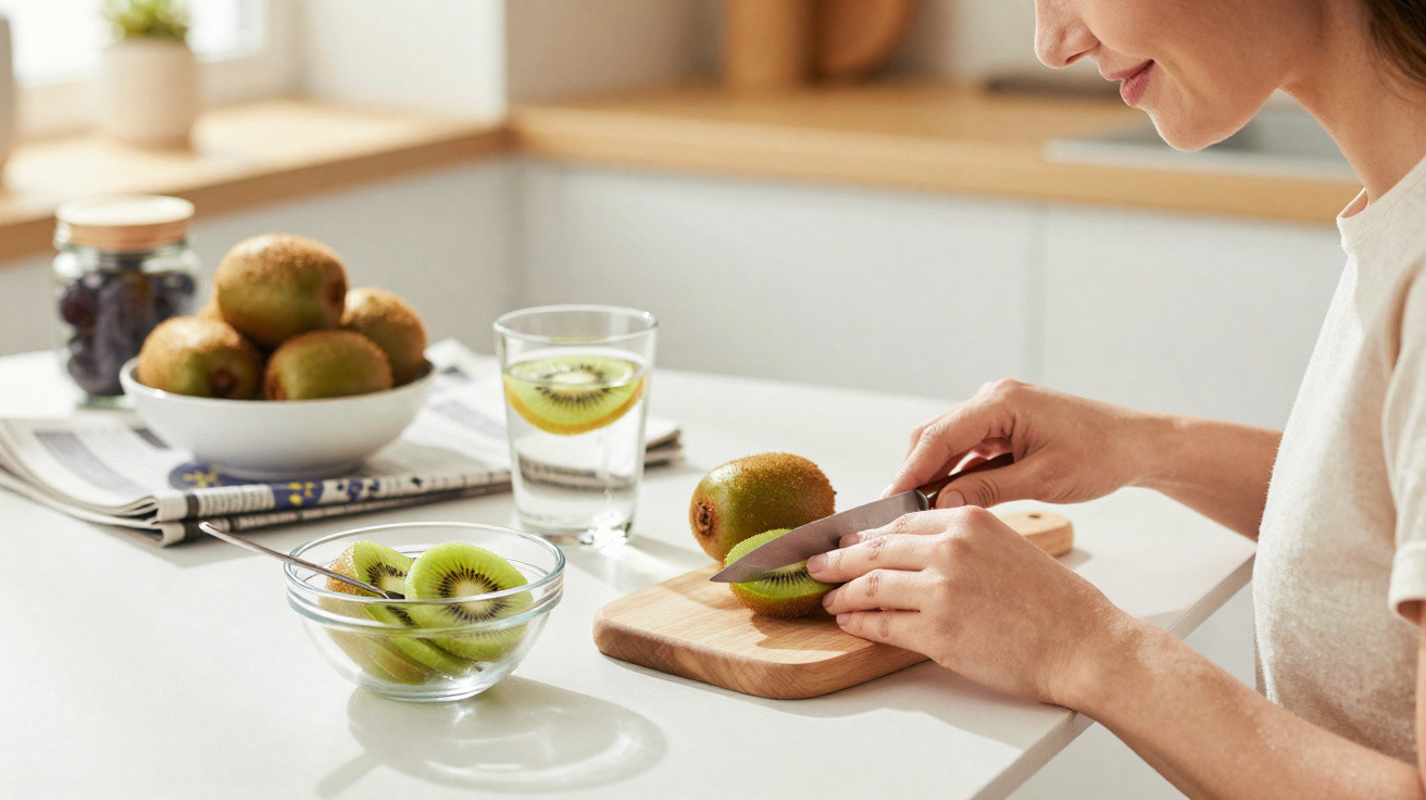 Pessoa a cortar kiwi numa tábua de madeira numa cozinha moderna com copo de água e taça com kiwis fatiados.