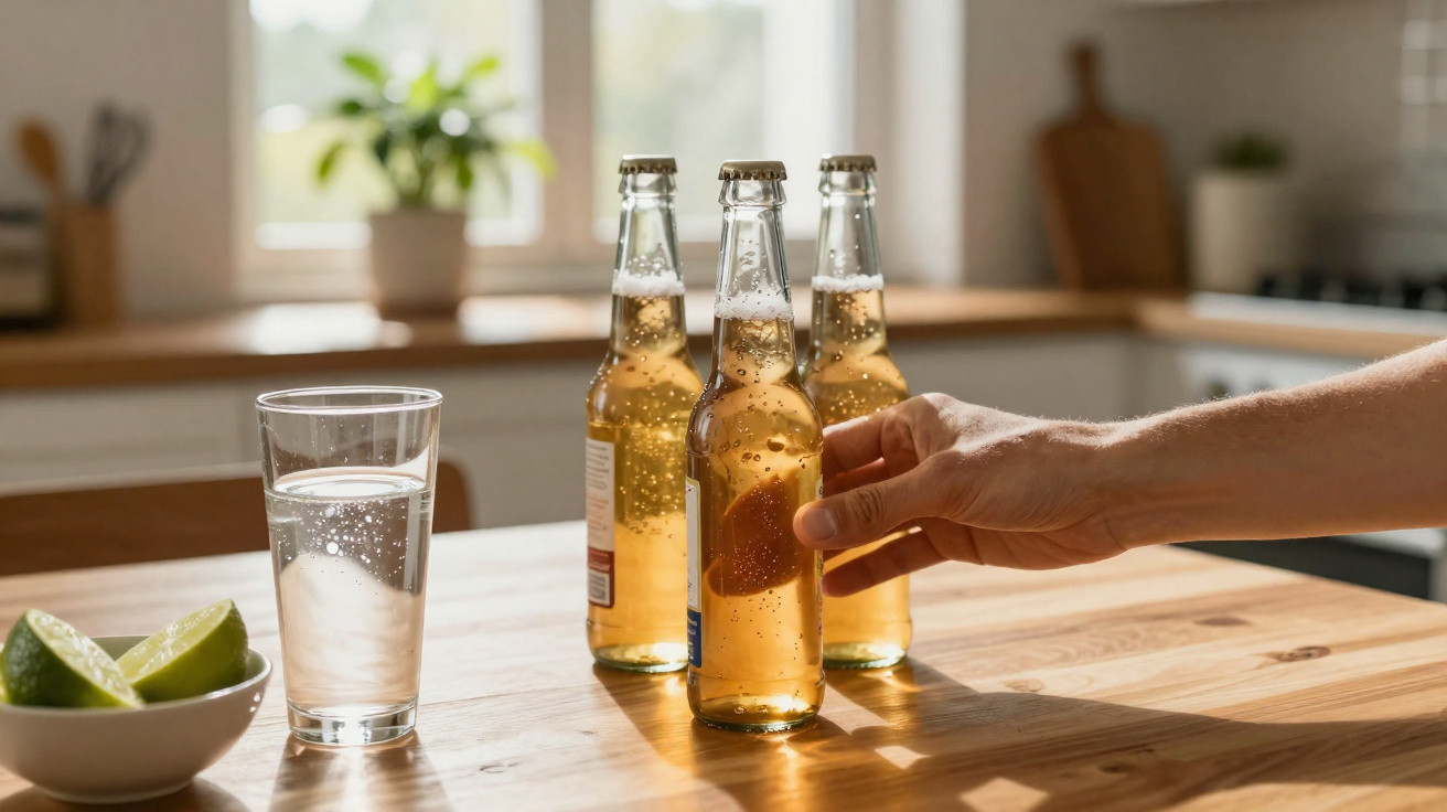 Mão a pegar uma garrafa de cerveja com lima dentro, ao lado de copo de água e limas cortadas na mesa.