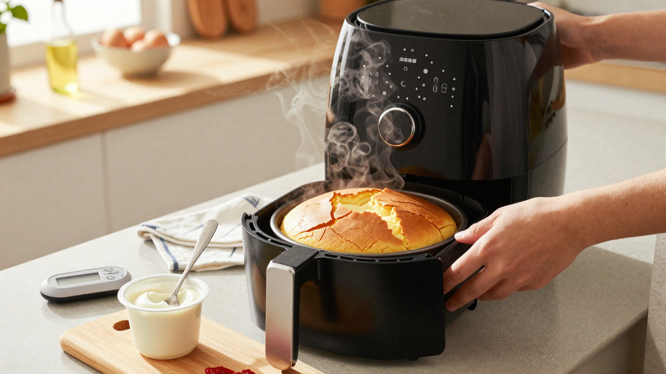 Arroz doce quente a sair de uma fritadeira elétrica preta numa cozinha moderna.