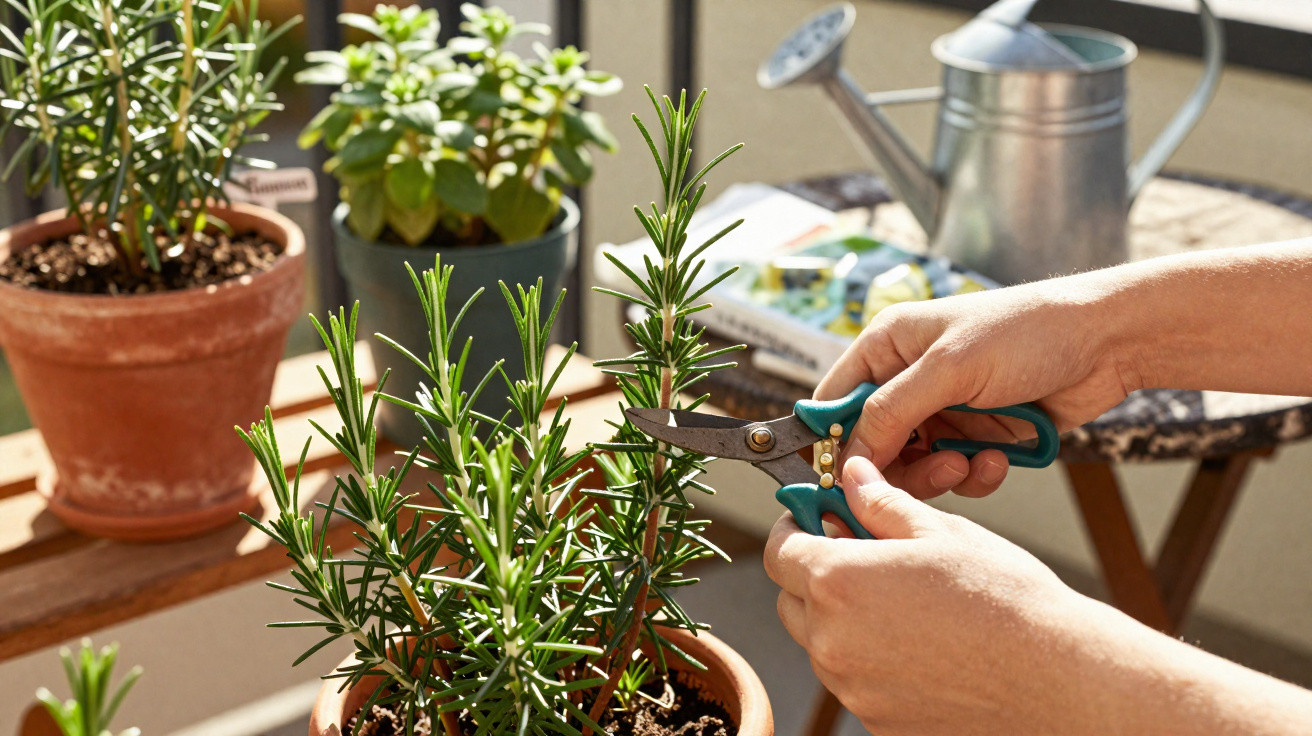 Mãos a podar alecrim em vaso, com regador e outras plantas ao fundo numa varanda iluminada pelo sol.
