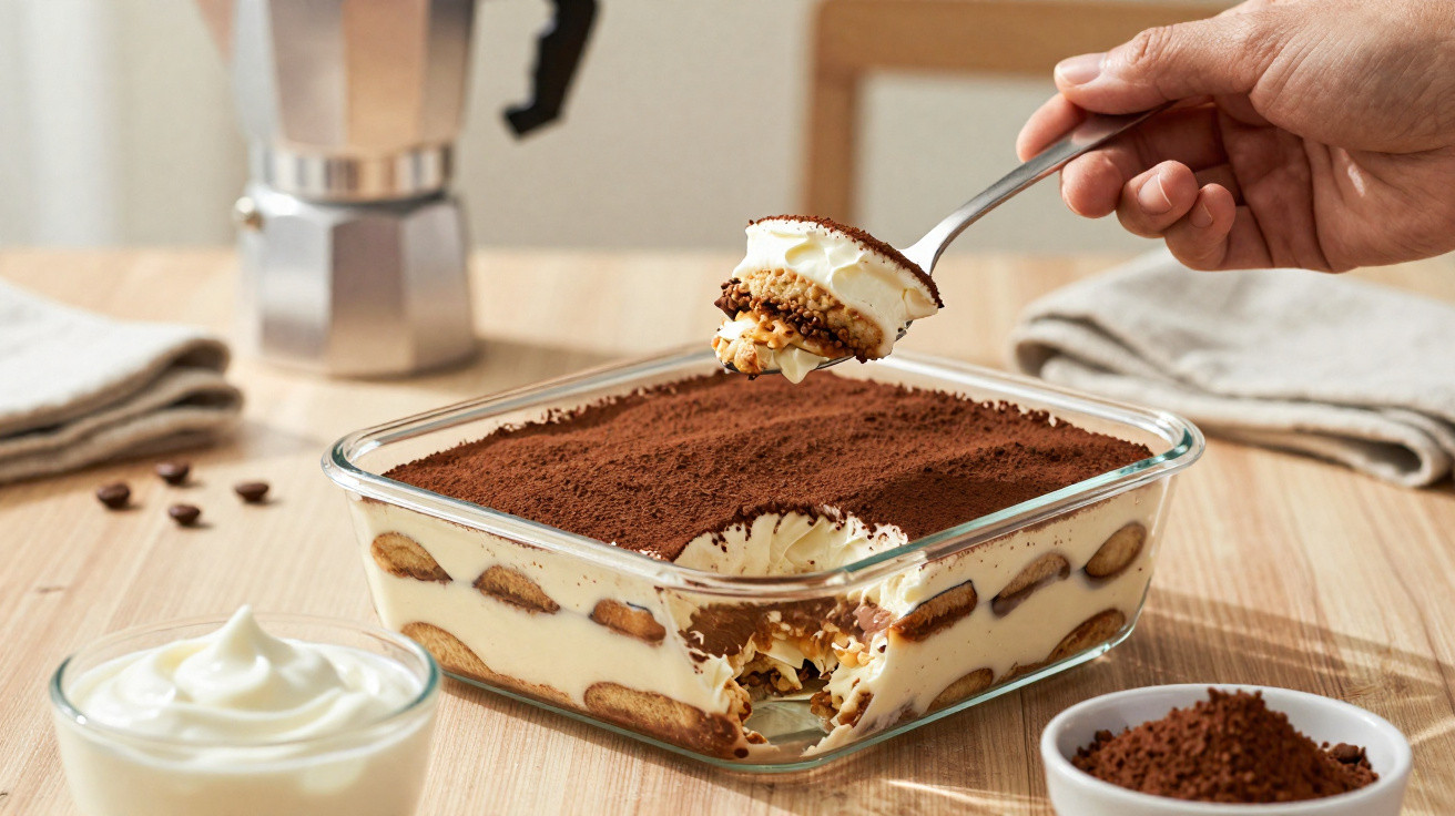 Tiramisu numa travessa de vidro com uma colher a servir uma porção, café e cacau em pó na mesa.