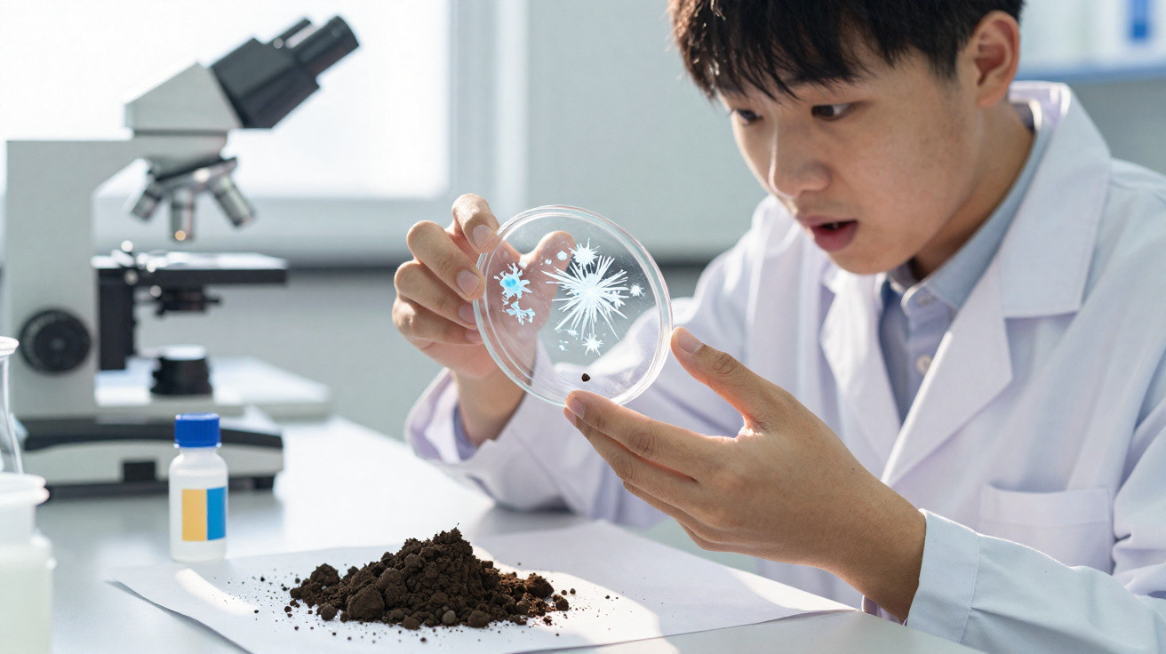 Cientista a examinar colónia de bactérias numa placa de Petri com terra à frente e microscópio ao fundo.