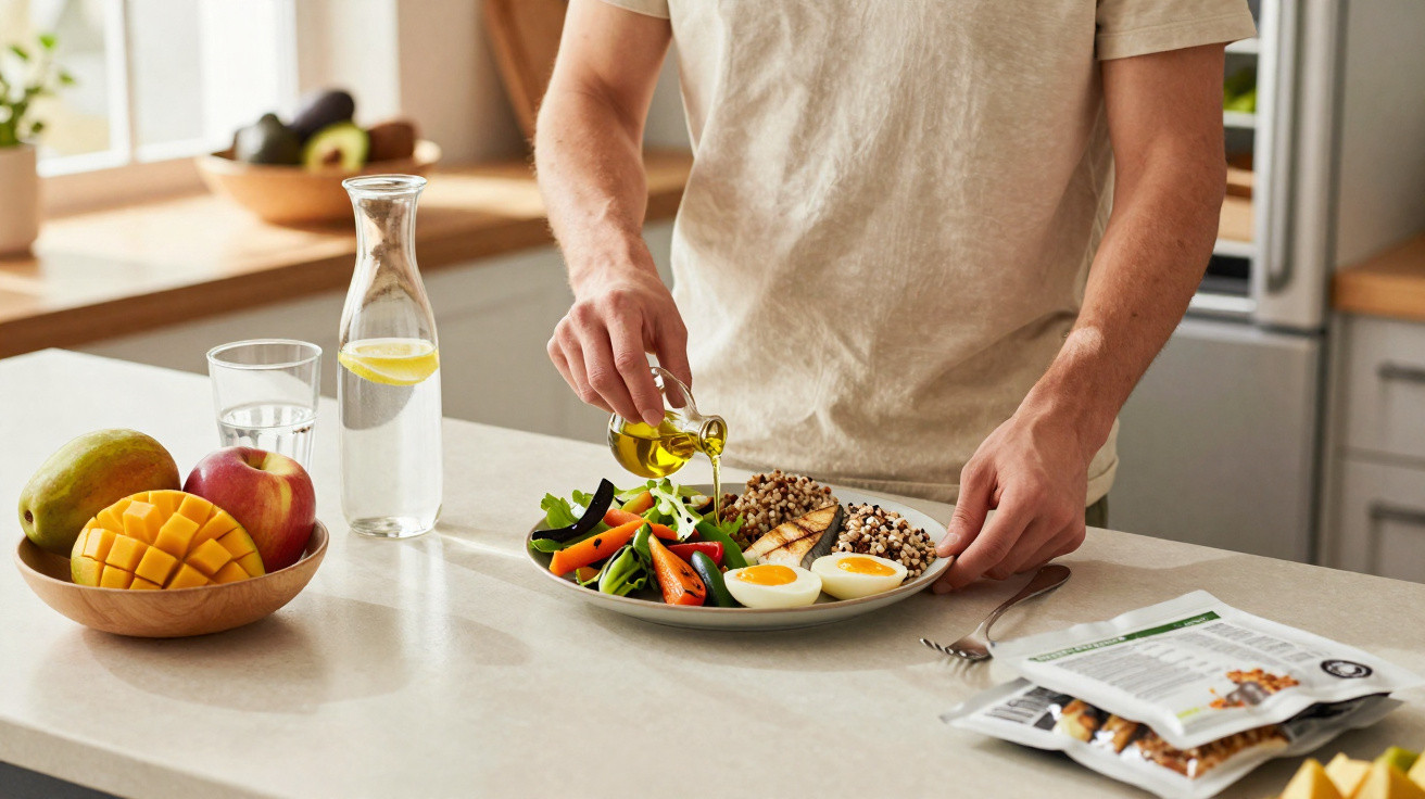Pessoa a temperar salada num prato com legumes, ovos, quinoa e peixe, numa cozinha moderna.