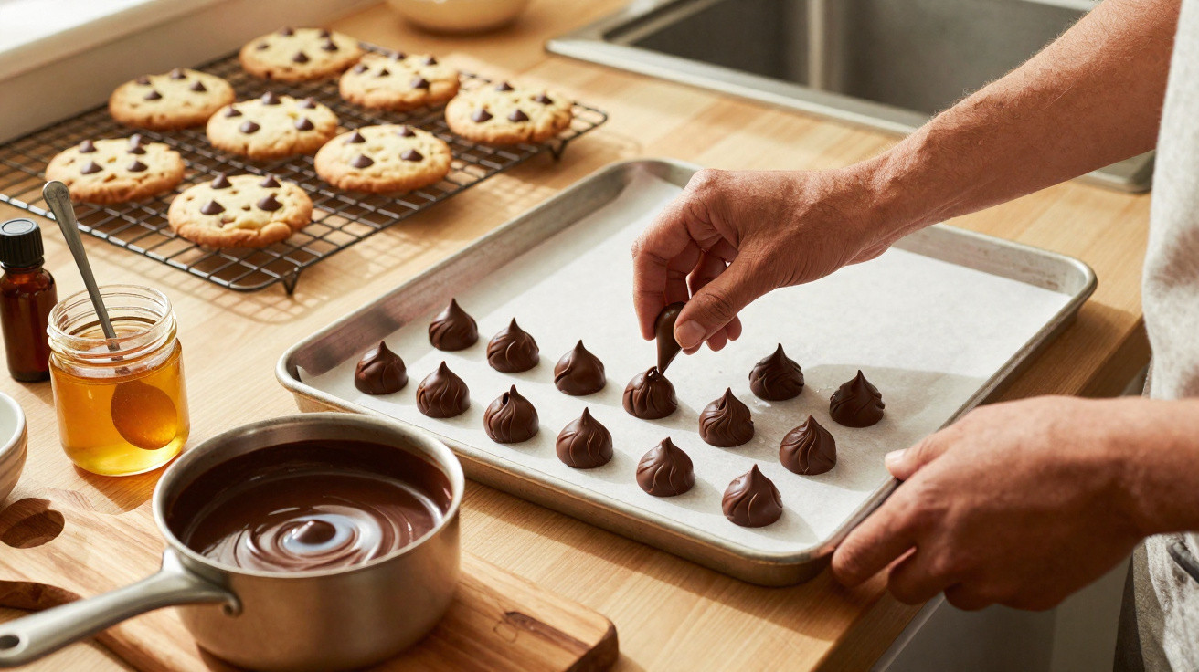 Pessoa a decorar bolachas com gotas de chocolate numa bancada de cozinha com utensílios de pastelaria.