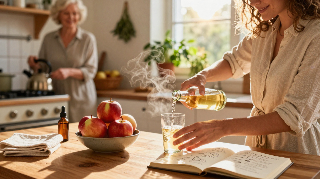 Mulher a servir chá numa cozinha iluminada, com maçãs numa taça e livro aberto na mesa.