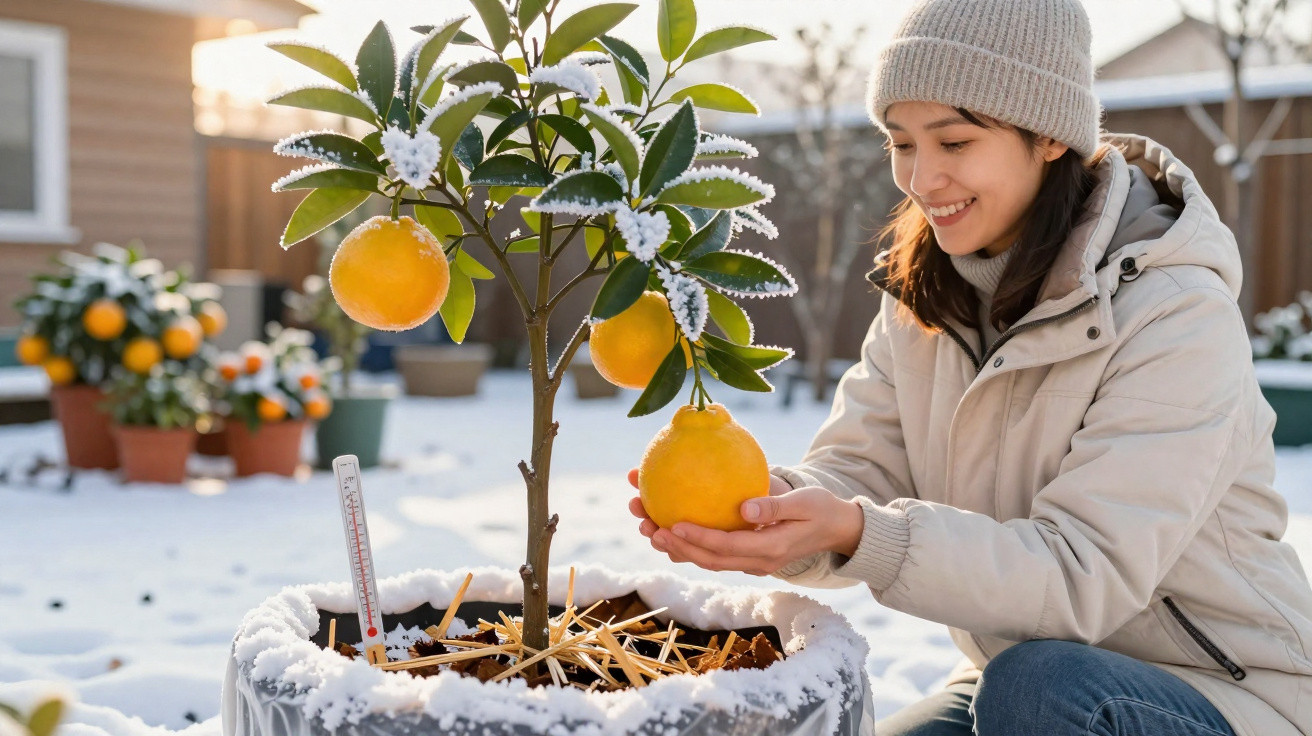 Mulher vestida para o frio segura fruto amarelo numa planta em vaso com neve no jardim.