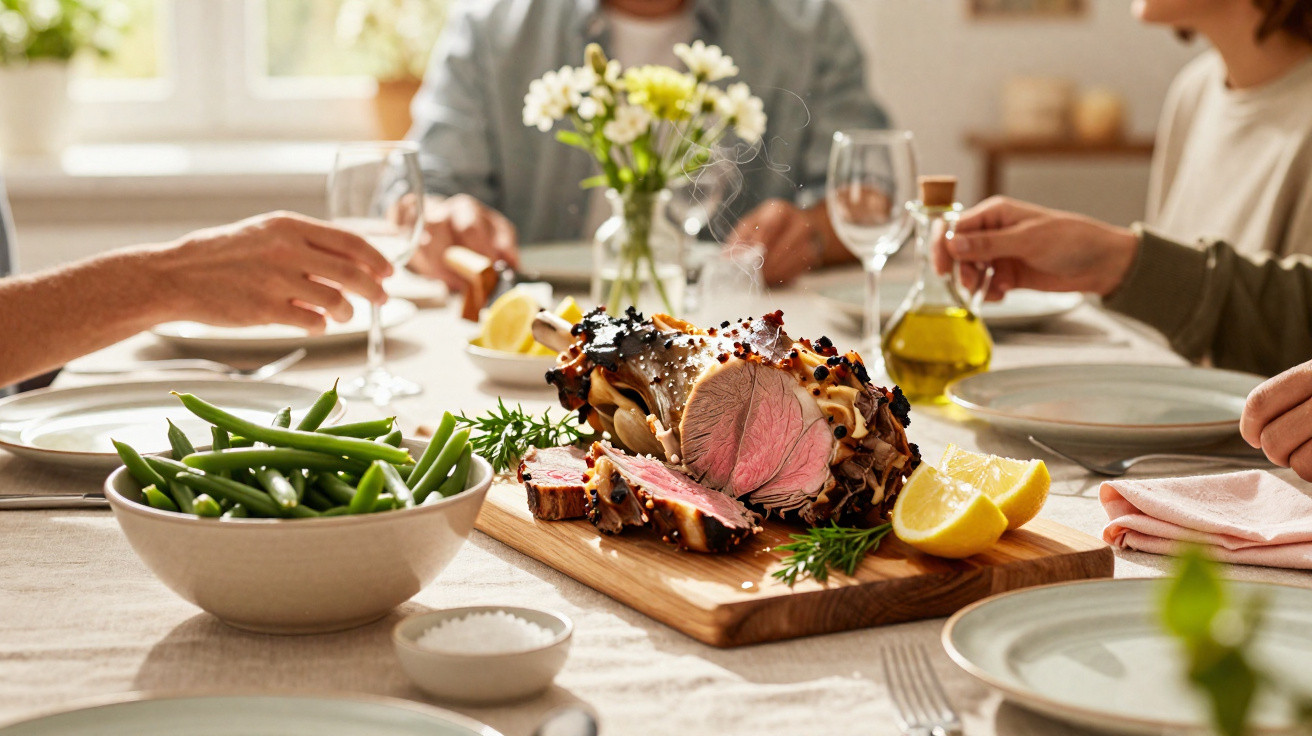 Mesa posta com assado de carne, vagem, limão e pessoas a preparar a refeição num ambiente acolhedor.