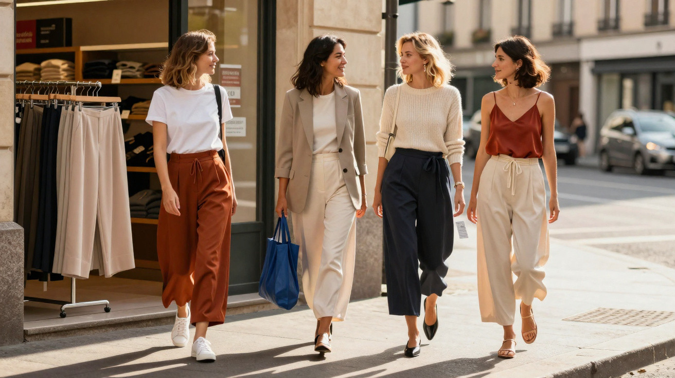 Quatro mulheres jovens a caminhar e conversar em rua urbana com roupa casual e elegante.