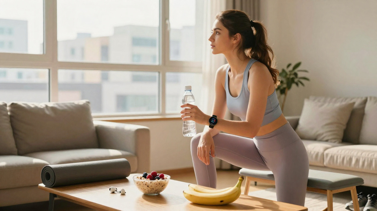 Mulher em roupa de treino, hidratando-se com água, após exercício numa sala com sofá e mesa de madeira.
