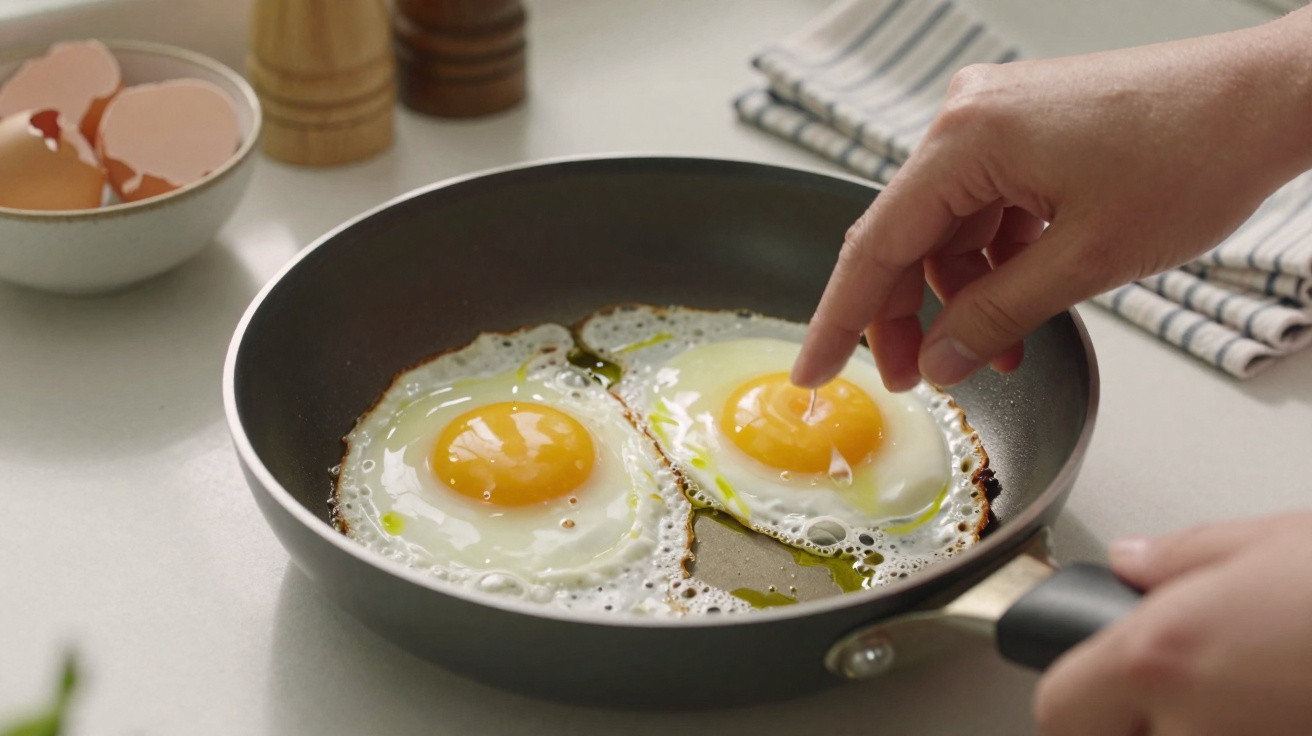 Pessoa a mexer a gema de dois ovos a fritar numa frigideira preta numa cozinha.