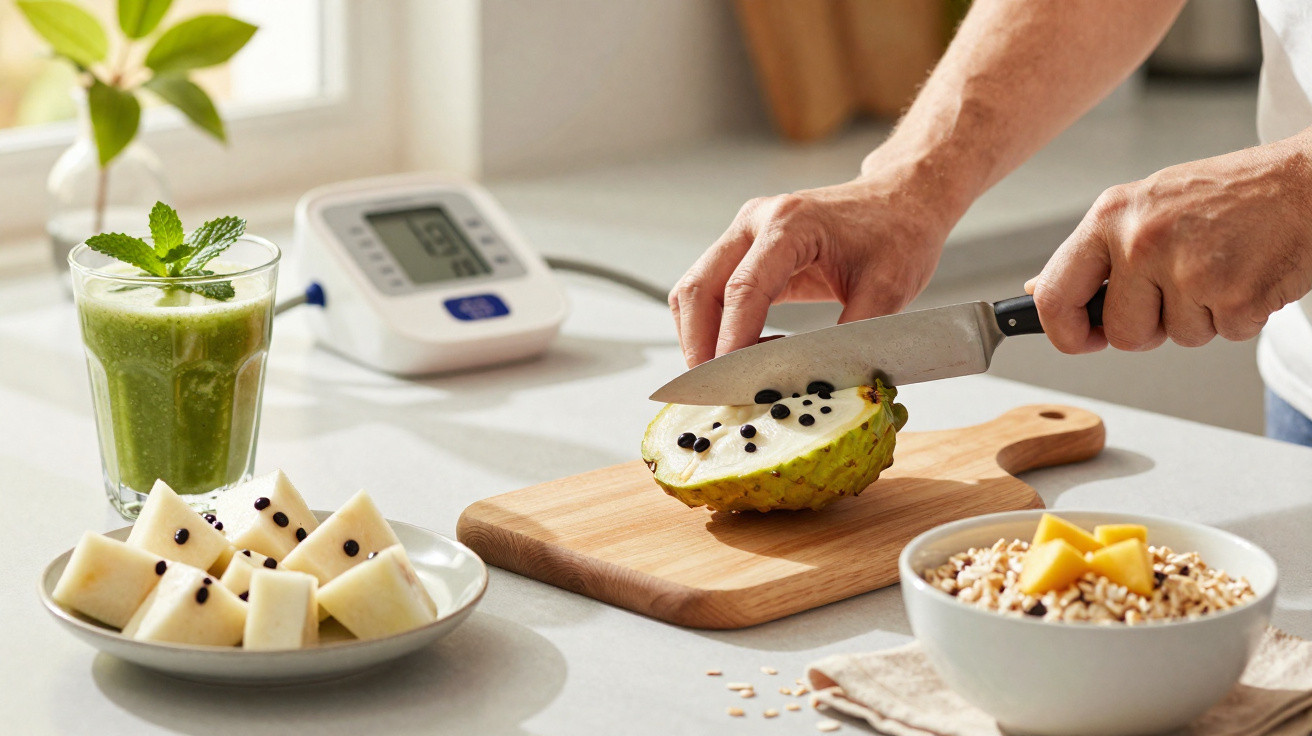 Pessoa a cortar fruta tropical num tabuleiro de madeira, com batidos e cereais na mesa.