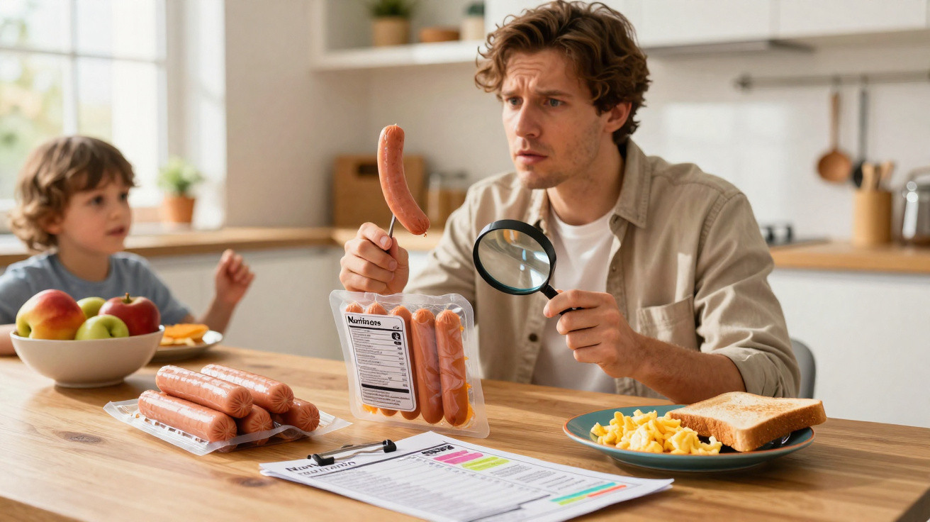 Homem a inspeccionar salsichas embaladas com uma lupa enquanto criança observa à mesa da cozinha.