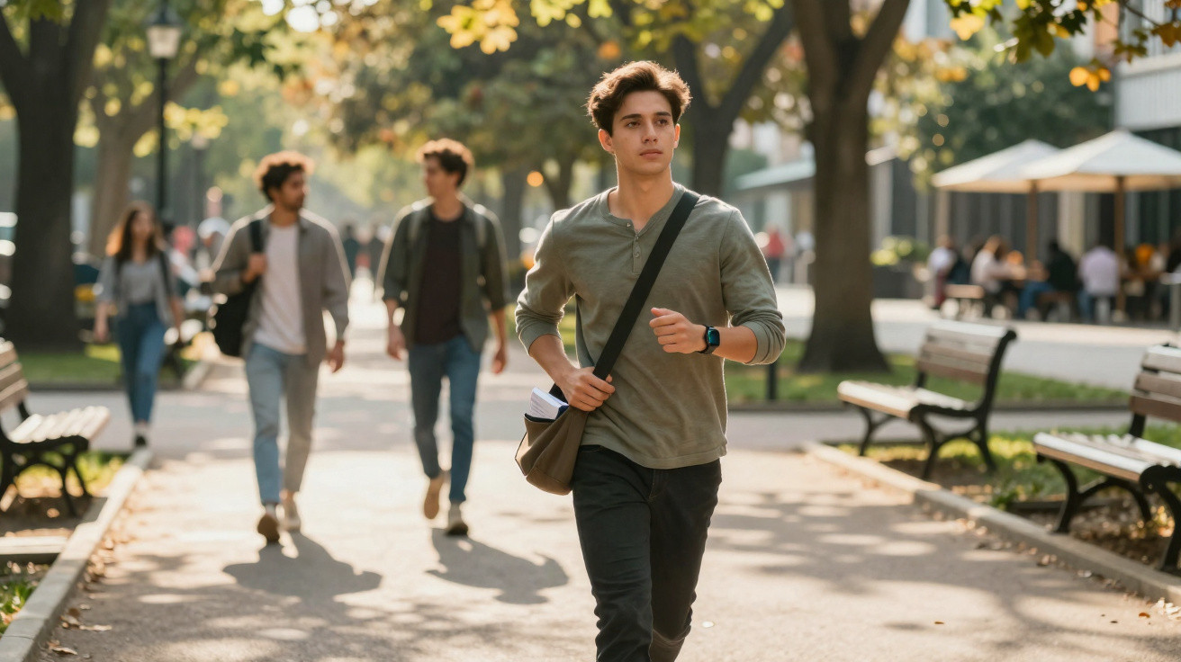 Jovem a caminhar num parque ensolarado, com mochila e relógio inteligente, enquanto outras pessoas passam ao fundo.