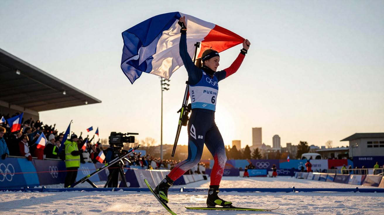 Esquiadora francesa celebra com bandeira da França num evento olímpico de biatlo ao entardecer.