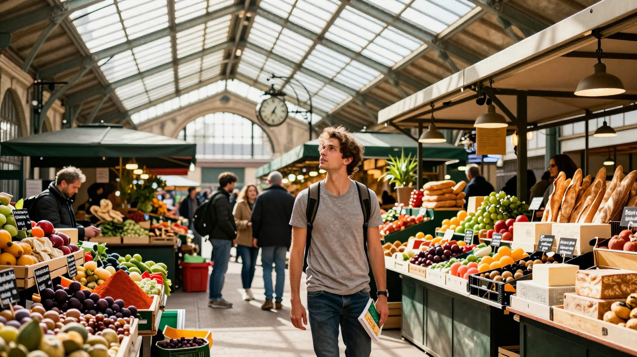 Mercado coberto com bancas de frutas, legumes e pão, com pessoas a circular e a observar os produtos.